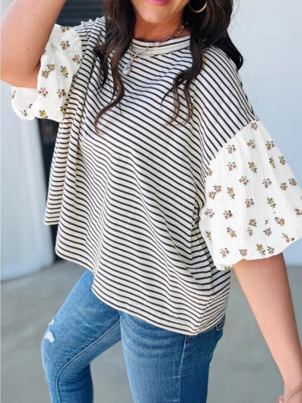 Striped Black & White Puff Sleeve Top with Floral Sleeves - Picture 2 of 2